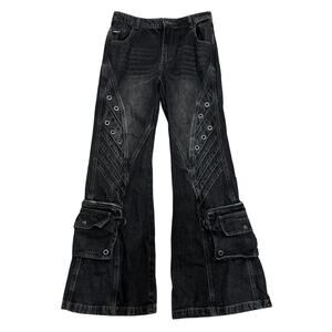 Minga London Crush Black Baggy Cargo Flare Jeans Goth Y2K Alt Black Denim 26